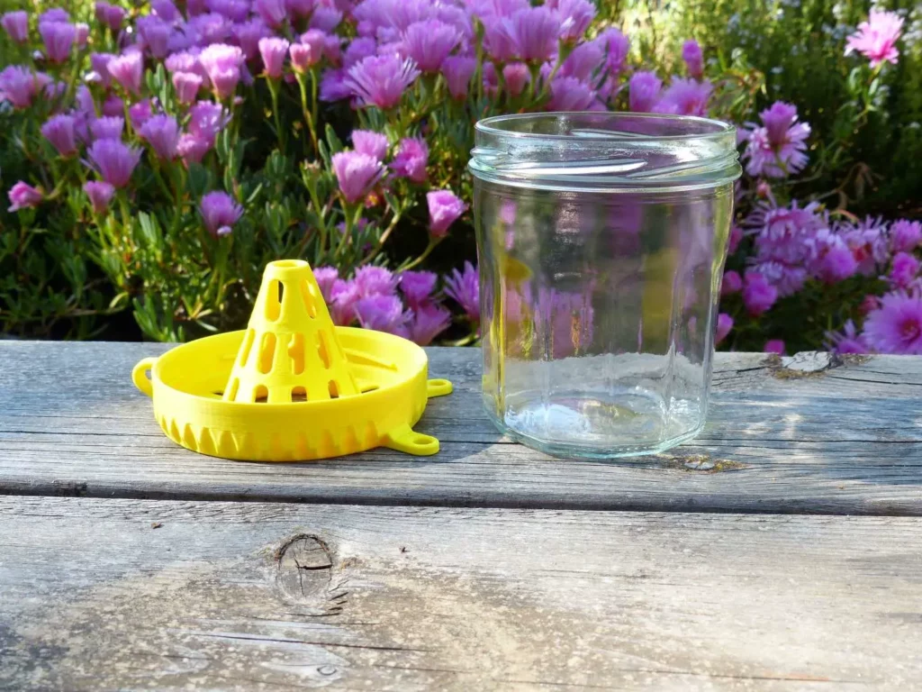 Couvercle OkyBee à côté d'un bocal en verre sur une table en bois devant des fleurs mauves